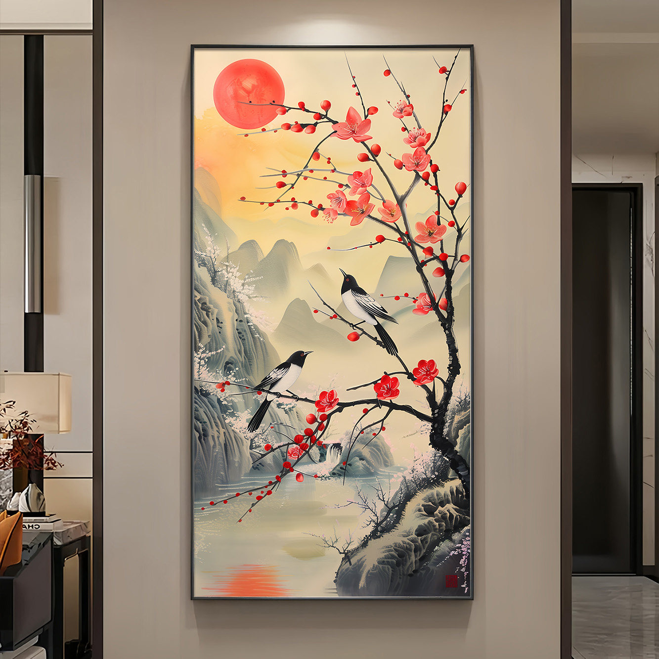 喜上梅梢玄关装饰画高档带灯喜鹊A报喜走廊过道壁画入户正对门挂
