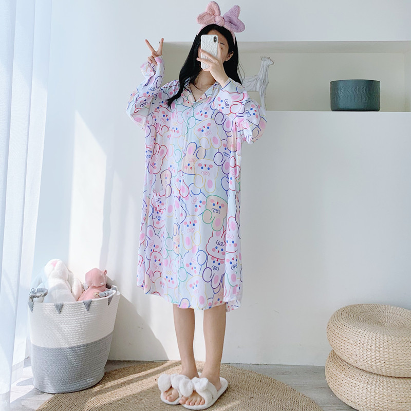哺乳开衫加大码卡通长袖睡裙加长绵绸宽松孕产妇胖MM200斤月子服