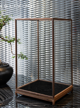 邸高家居客厅书房博物架三足方耳鼎黑鸡翅木玻璃罩防尘展示盒摆件