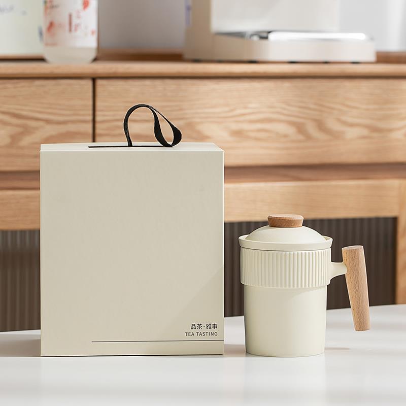 陶瓷木柄茶水分离办公杯r情侣马克杯带盖子过滤泡茶水杯商务礼盒