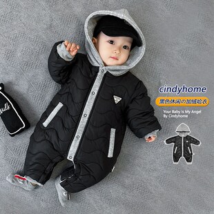 婴幼儿冬装连体衣棉服洋气连帽加E绒加厚无骨哈衣爬爬服新生儿