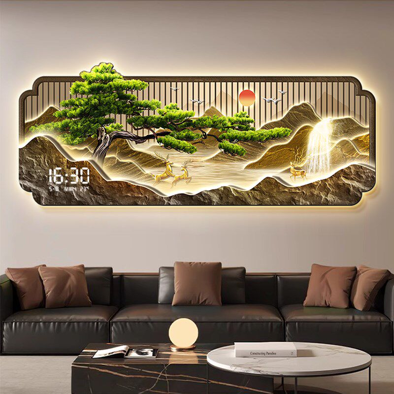 流水生财客厅装饰画钟表挂钟沙发背景墙挂画迎客松时Y钟挂墙壁灯
