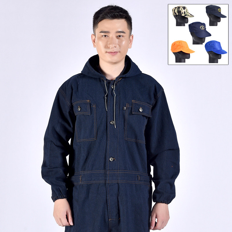 长袖带帽牛仔连体衣男连体工作服机汽修耐磨防烫连体服劳保服