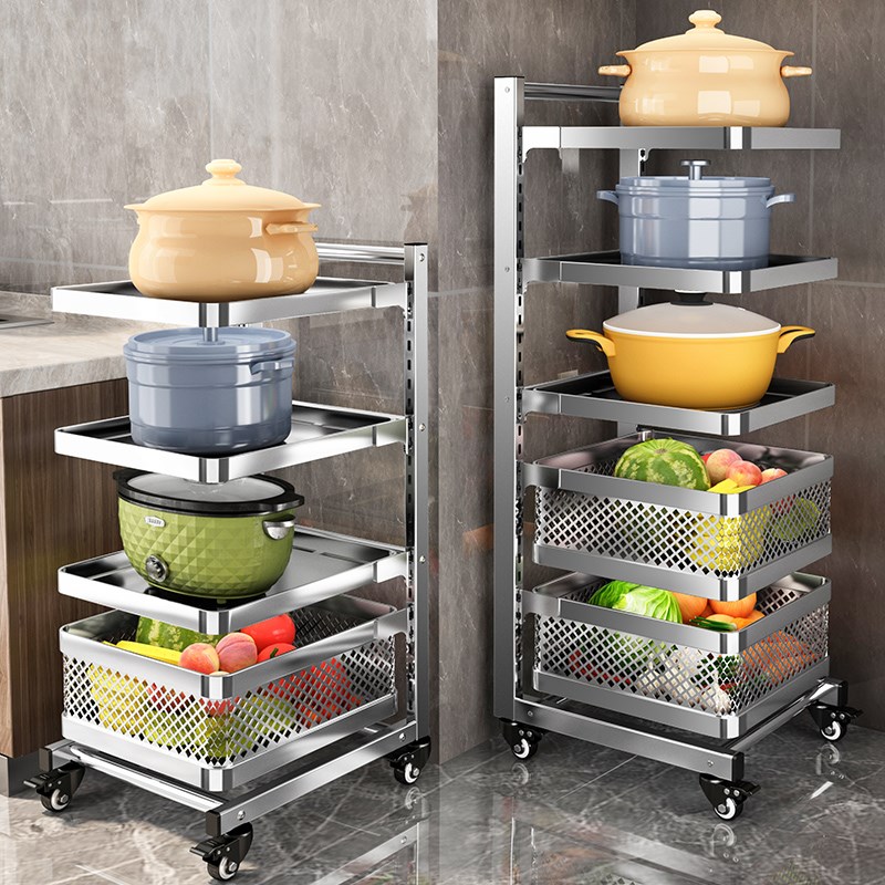 不锈钢锅架厨房置物架落地多层多功能带轮可移动放锅蔬菜收纳架
