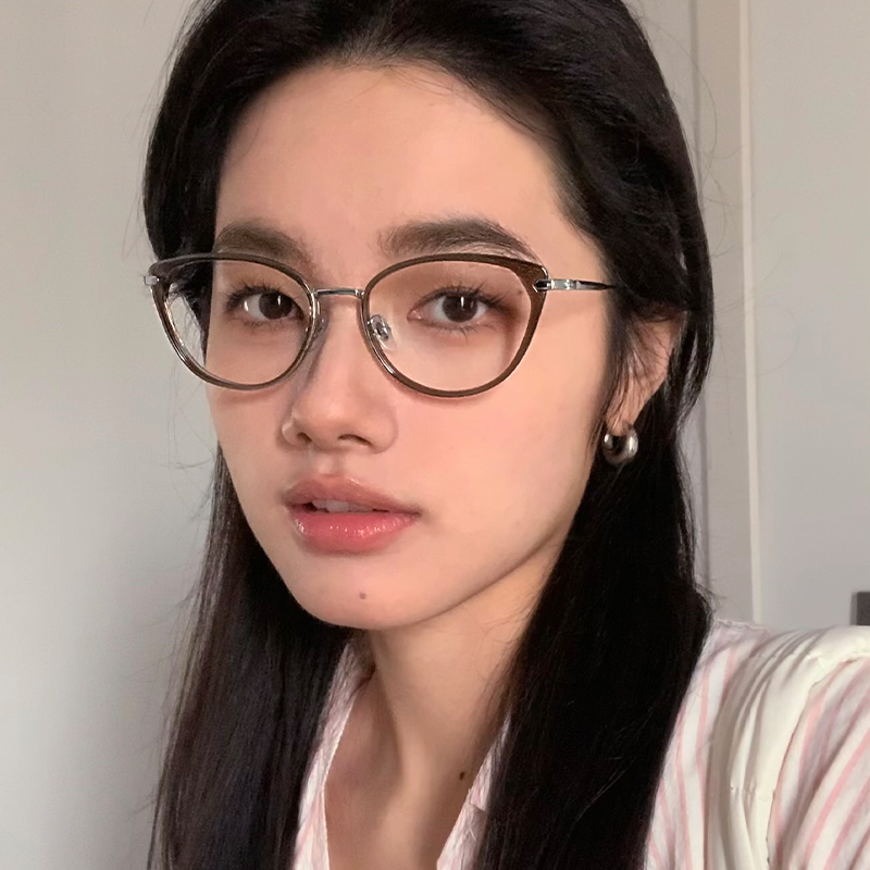 超轻复古猫型眼镜l框近视可配度数女素颜神器级感冷茶色眼睛镜架