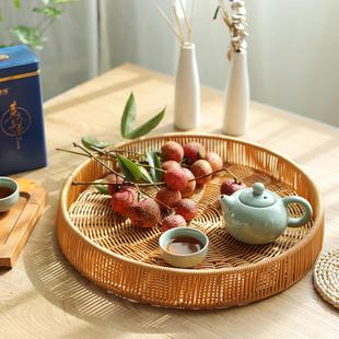 早餐盘零食面包摆放水果盘手工编织收纳筐 仿藤编圆形茶杯托盘日式