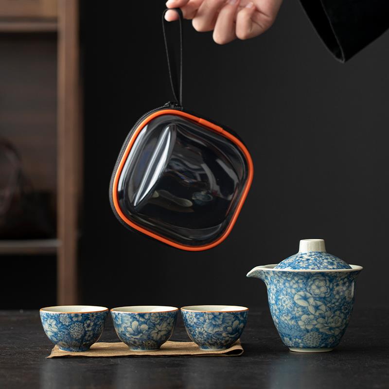青花瓷老陶泥手抓壶旅行茶具可携式快客杯一壶三杯户外喝泡茶装备