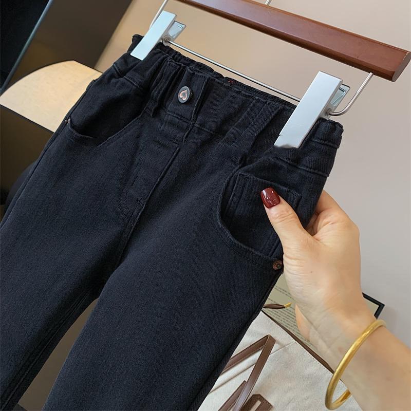 女童喇叭牛仔裤童装秋女中大童简约百搭高腰黑色水洗学生弹力修身