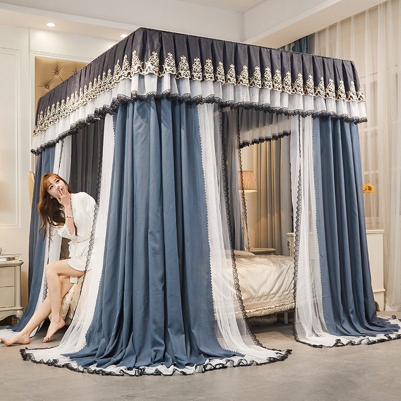 遮光导轨蚊帐三开门轨道家用高档落地双层公主加粗加厚加密防尘顶