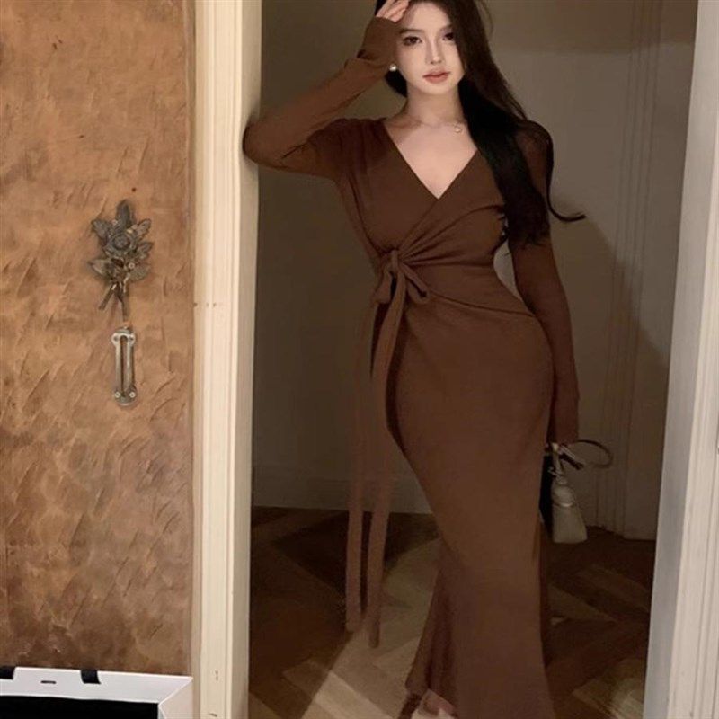 法式风性感v领长袖连衣裙女秋季法式绑带鱼尾裙子高级感包臀长裙,女装/女士精品,连衣裙,淘宝优惠券,粉丝福利购,淘宝优惠卷