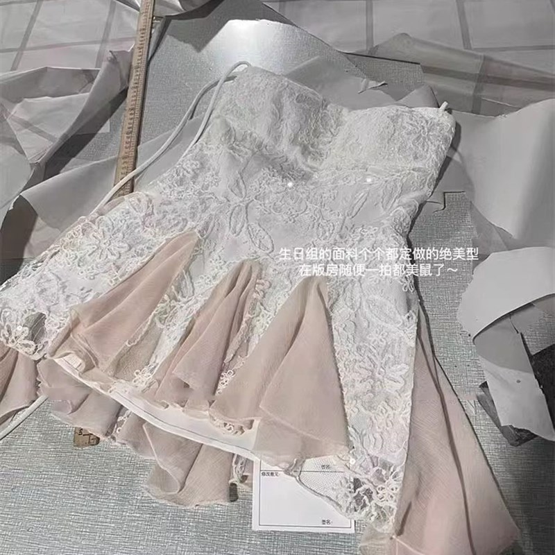 翡冷翠的夏天/手工r绣花蕾丝挂脖抹胸裙女短款收腰显瘦