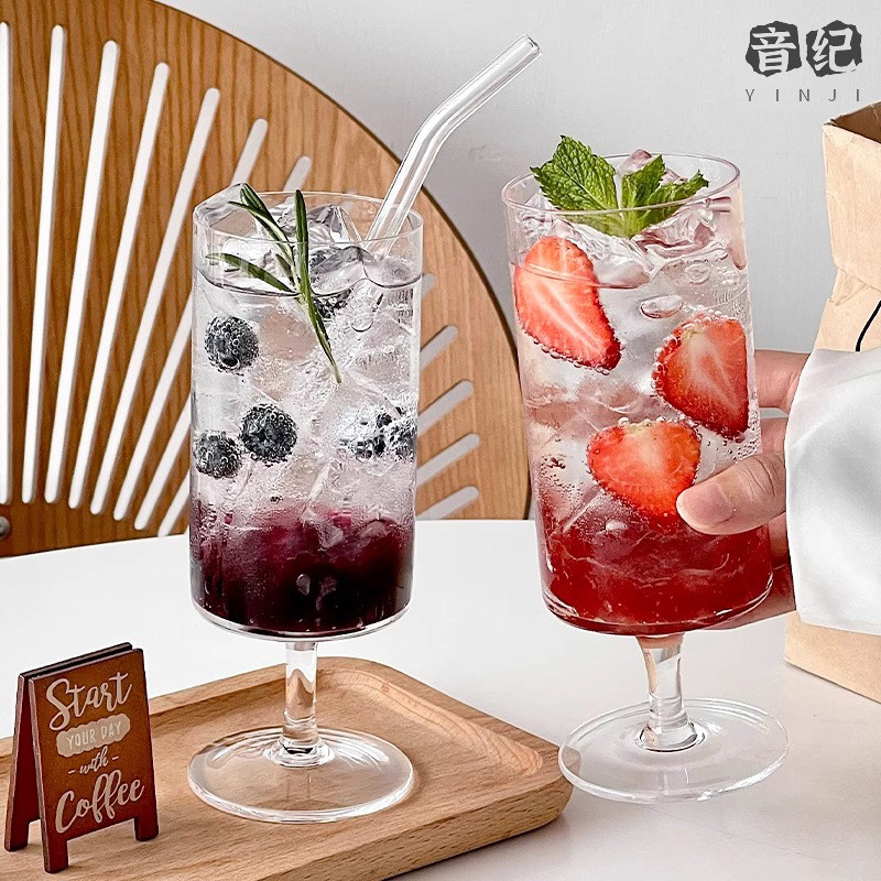 ins高脚果汁杯玻璃杯水果茶杯奶茶冷饮杯鸡尾酒T饮品杯饮料水杯子