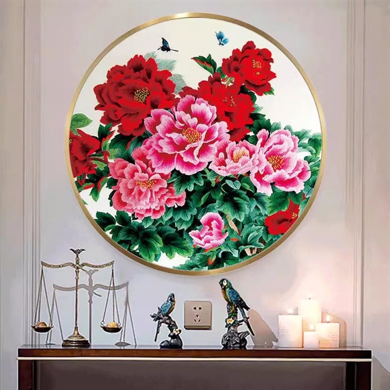 新中式圆形花开富贵玄关装饰画牡丹花入户背景墙壁画挂画现代简约图片