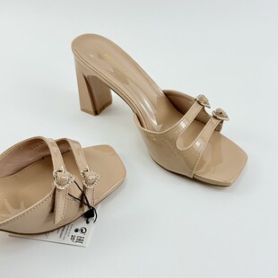 2025年新款方头粗跟高级感拖凉鞋漆皮高跟L鞋水钻超火外穿拖鞋女