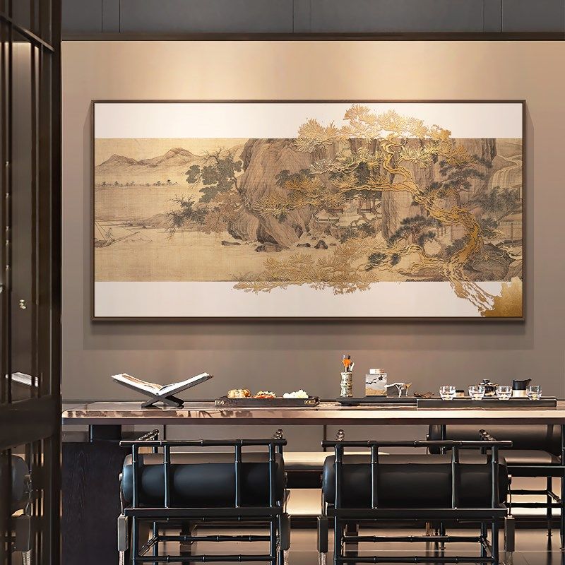 新中式客厅大幅装饰画酒店大厅浮雕肌理壁画茶室大气风景挂画