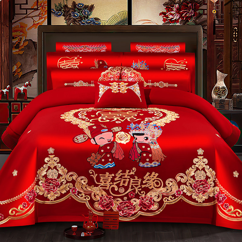 结婚四件套全棉刺绣龙凤婚庆大红喜庆被套婚房嫁床上用品六十件套