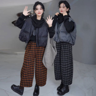 欧货大码 女t2024秋冬新款 棉衣坎肩格子毛呢九分裤 羽绒棉马甲套装