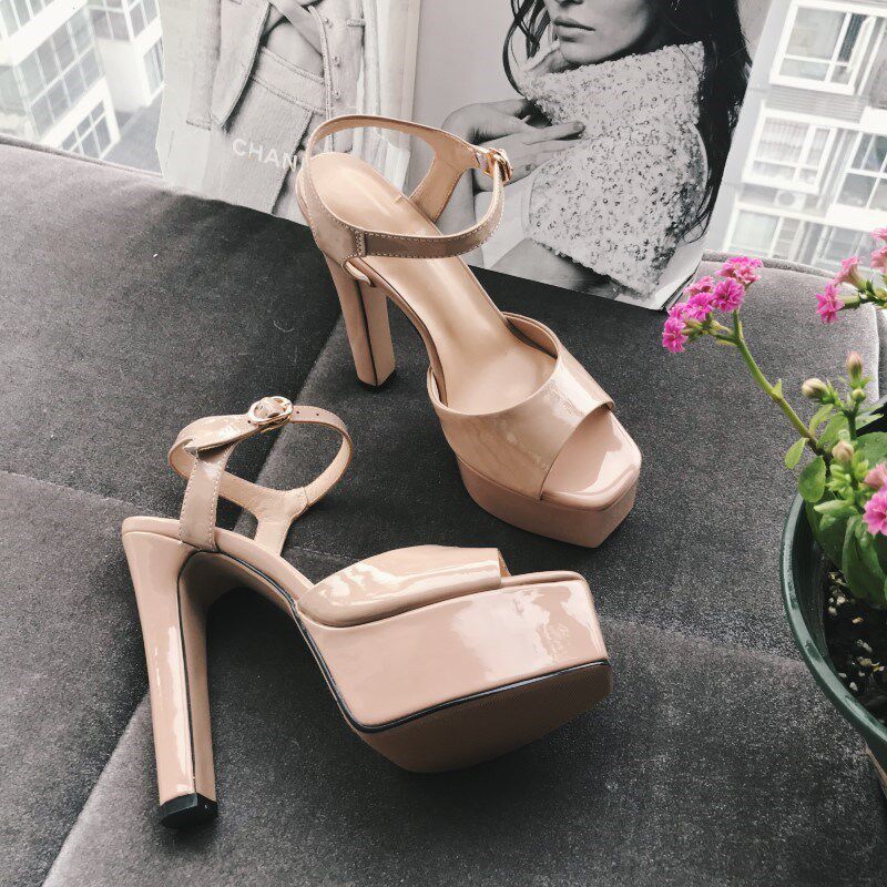 2024夏季新款超高跟防水台粗跟凉鞋裸F粉色牛漆皮15cm跟高夜店女