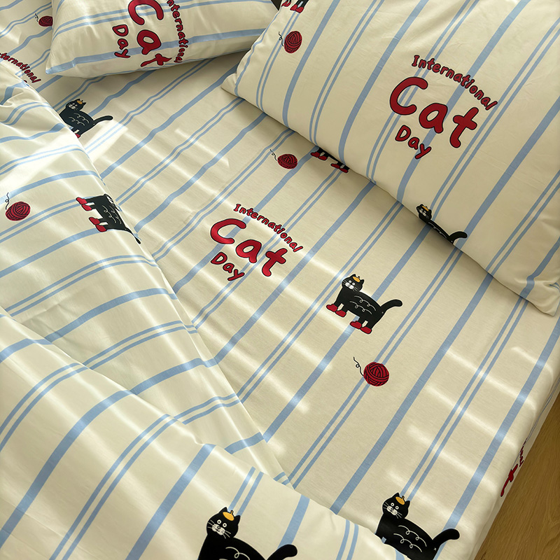 小猫国度小清新全棉床单四件套被套1.5m大学生宿舍床上三件套