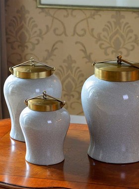 美式青花铜配瓷软装陶瓷罐新古典酒柜摆件欧式客厅玄关铜制品摆设