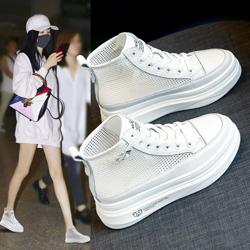 透气高帮鞋2024春夏季新款网面镂空小白鞋夏天松糕厚X底内增高女