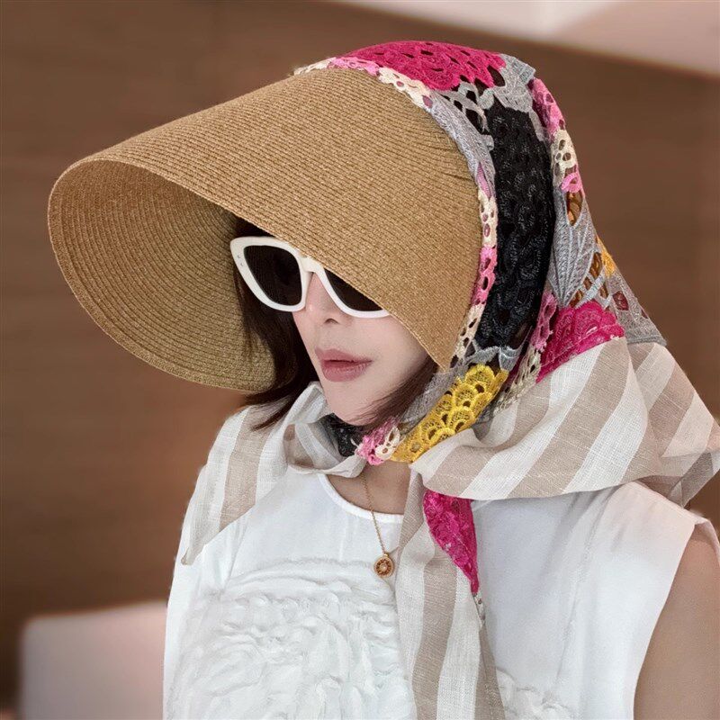 草帽女款防晒遮阳大帽檐空顶太阳帽日系时尚丝巾S草编夏季海度假