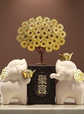 入户玄关招财象发财树摆件高级感酒柜办公室桌面装饰乔迁开业礼品