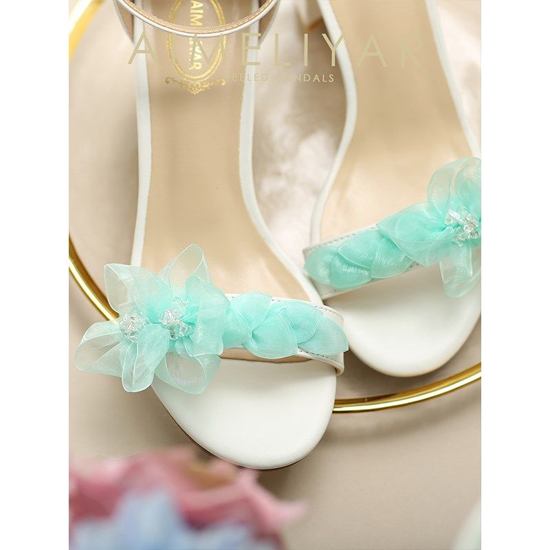 新款一字带高跟鞋凉鞋夏季少女水钻中跟学生仙女少女外穿低跟白色,女鞋,一字带凉鞋,淘宝优惠券,粉丝福利购,淘宝优惠卷