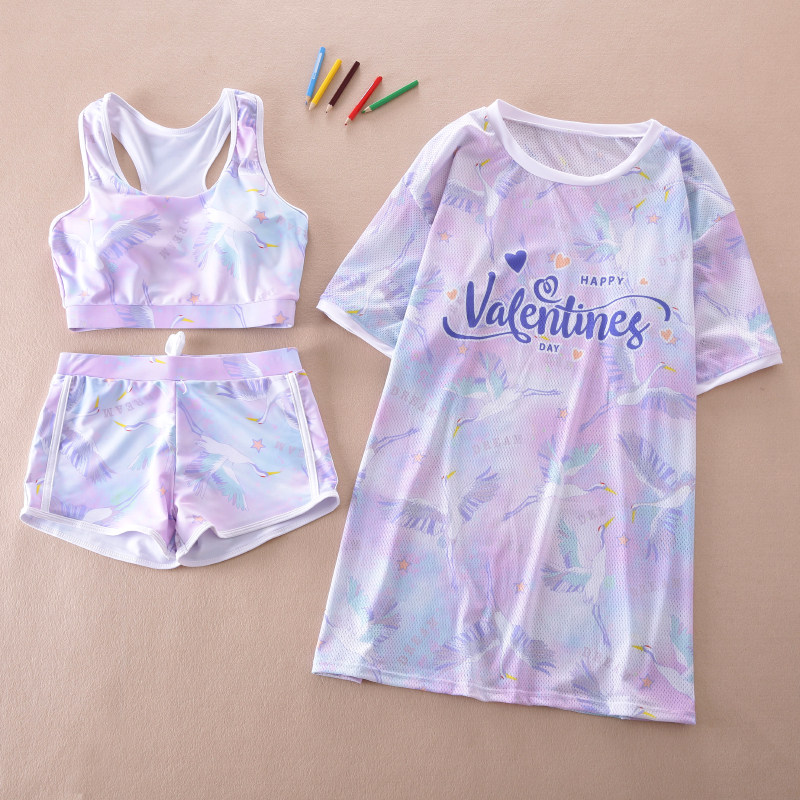 女大童游泳衣分体中学生女孩泳衣三件套保守显瘦少女泳装12-15岁