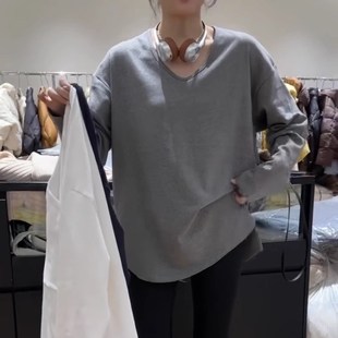 元熙A8053锁骨爆款大版型白色磨毛加厚中长款T恤女内搭打底衫秋冬