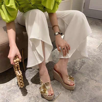 12CM坡跟女士凉拖鞋夏季金色高跟鞋松糕厚底透明花朵时尚鱼嘴女鞋