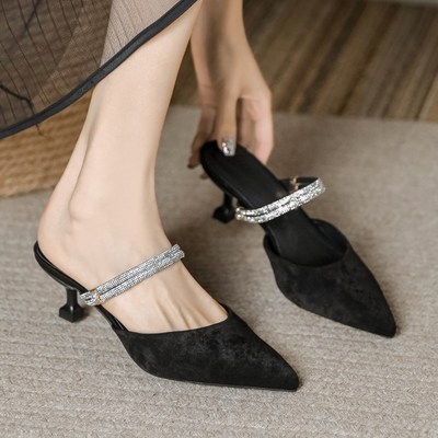 水钻细跟一字带尖头包头凉鞋女高跟3cm5厘米春夏精致外穿2024新款