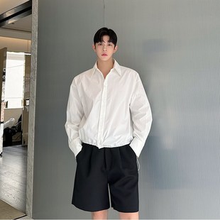 衬衫 气质长袖 网红 纯色下摆抽绳短款 2024ss设计感白色衬衣男女韩版