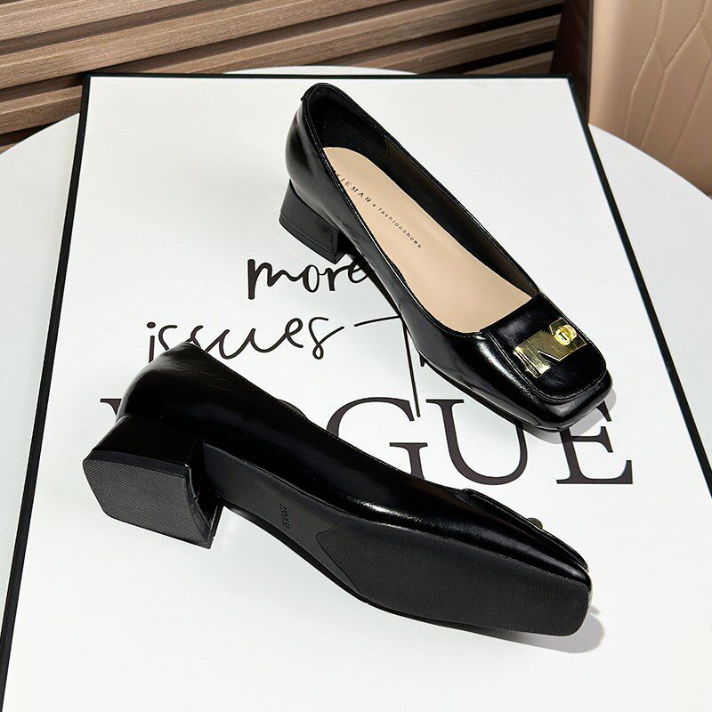 方头浅口单鞋女粗跟2025年新款黑色软皮职业通勤高跟鞋低跟不累脚