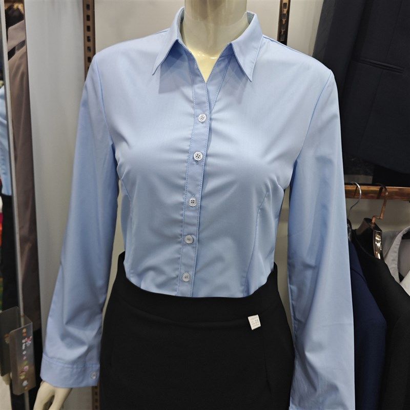新款女士a衬衫大码长袖弹力竹纤维面试职业装蓝色工作服白衬衣正