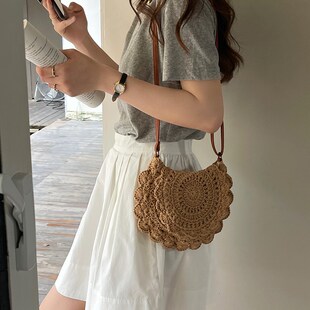韩版 花边圆形单肩草包编织包女海边度假沙滩包 斜挎镂空草编包新款
