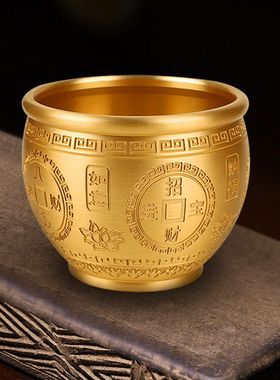 纯铜精雕百福缸 招财进宝铜缸浮雕祥云五帝铜钱客厅办公室装饰品