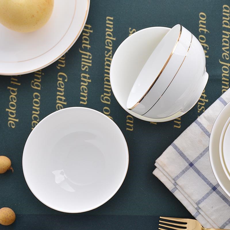 碗10个装唐山骨瓷餐具金边碗5英寸米饭碗家用陶瓷碗白瓷碗6寸面碗