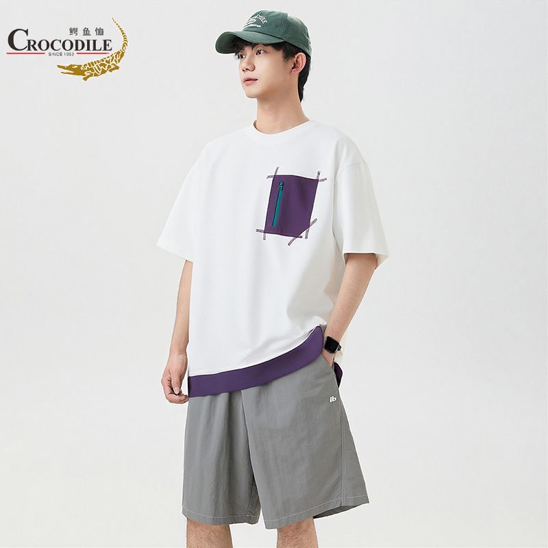 Crocodile/鳄鱼恤夏季拼色口袋T恤男宽松情侣休闲上衣