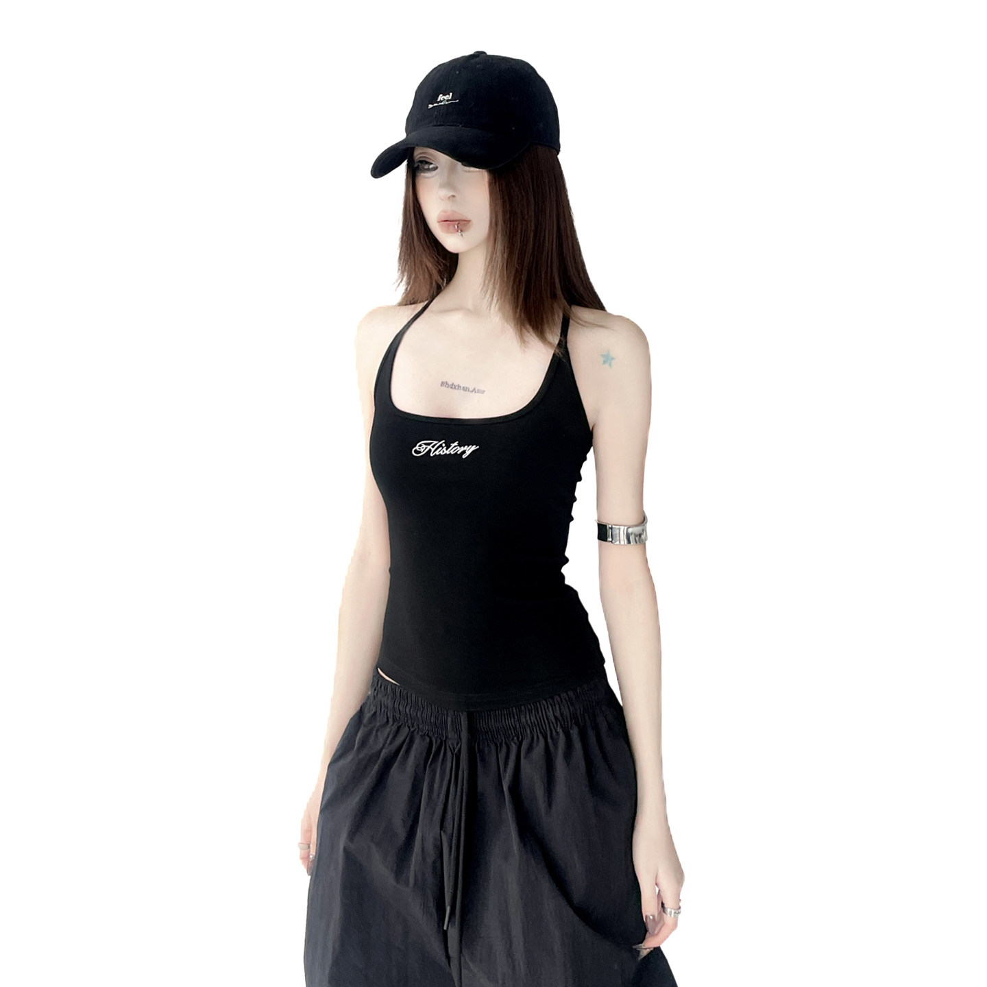 徐大方辣妹黑色吊带女2026夏装新款背心女士外穿字母印花上衣