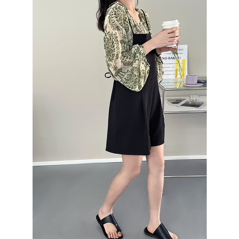 2023夏季小从复古宽松显瘦绿色碎花灯笼袖微透雪纺衫bf防晒衬衫女