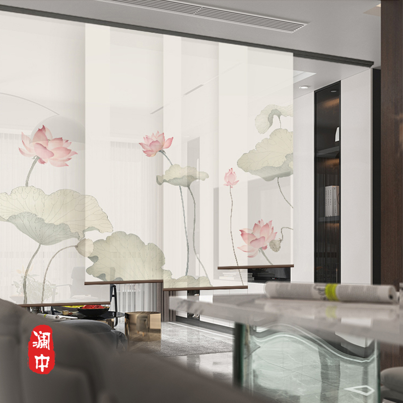 新中式透明卷帘窗帘客厅遮挡帘可移动屏风隔断帘推拉装饰帘子荷花