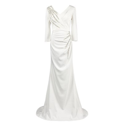 白色晚礼服收腰显瘦包臀鱼尾连衣裙简约气质舞台主持人年会演出服