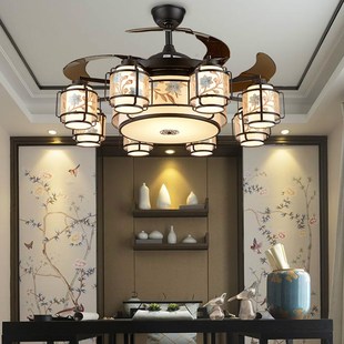 新中式 隐形风扇灯客厅吊扇灯一体led餐厅书房卧室电风扇吸顶吊灯