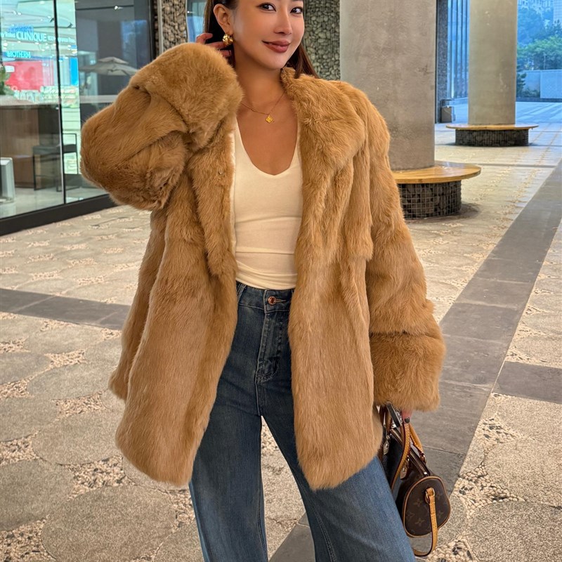 DATOU 梦中情兔 冬季高级感挽袖加厚兔毛皮草外套