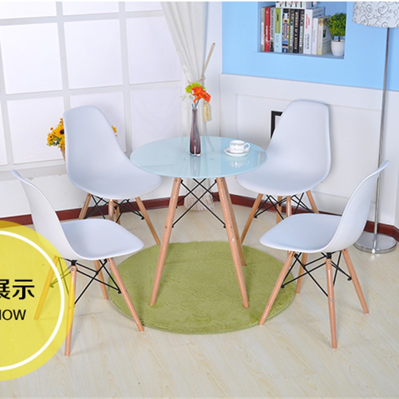 洽谈桌小桌子钢化玻璃圆桌茶几玻璃桌子圆钢化餐桌椅组合实木桌腿