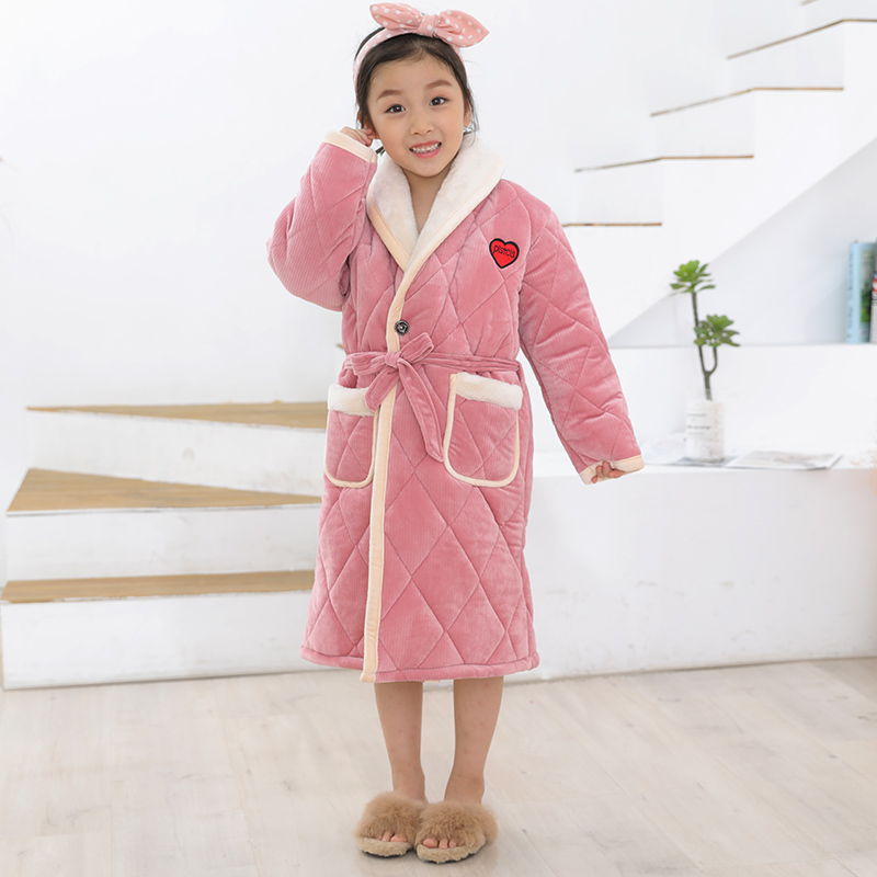 儿童浴袍冬季男孩女童法兰绒夹棉加厚睡袍珊瑚绒小孩宝宝亲子睡衣