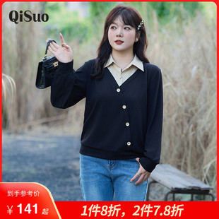 t恤卫衣女polo领长袖 套头黑色显瘦胖MM假两件大码 上衣 新款 初秋装