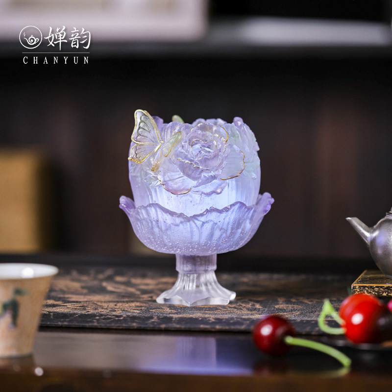 藏器堂 心缘堂琉璃蝶恋花烛台浮香蝶渐变粉紫香炉氛围灯茶桌摆件