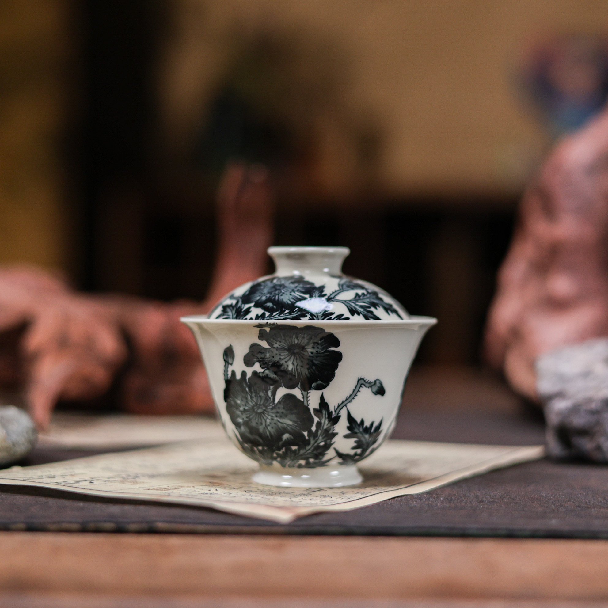 墨冉青花茶具虞美人盖碗茶杯